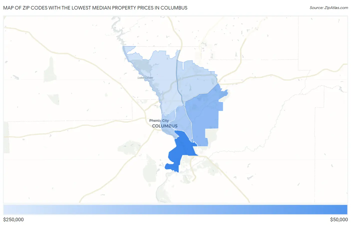 Zip Codes with the Lowest Median Property Prices in Columbus Map
