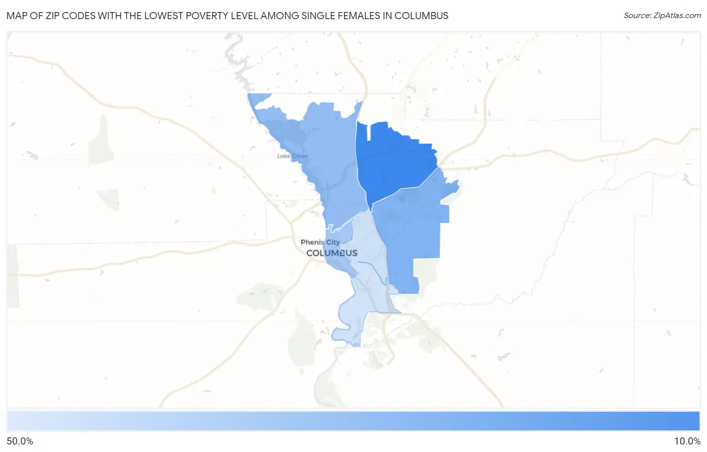 Zip Codes with the Lowest Poverty Level Among Single Females in Columbus Map