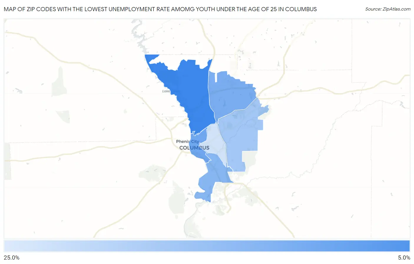 Zip Codes with the Lowest Unemployment Rate Amomg Youth Under the Age of 25 in Columbus Map