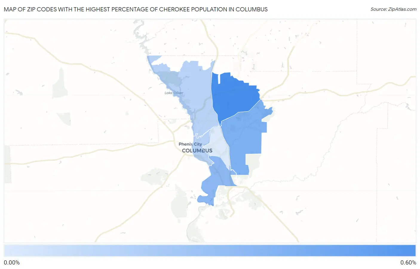 Zip Codes with the Highest Percentage of Cherokee Population in Columbus Map