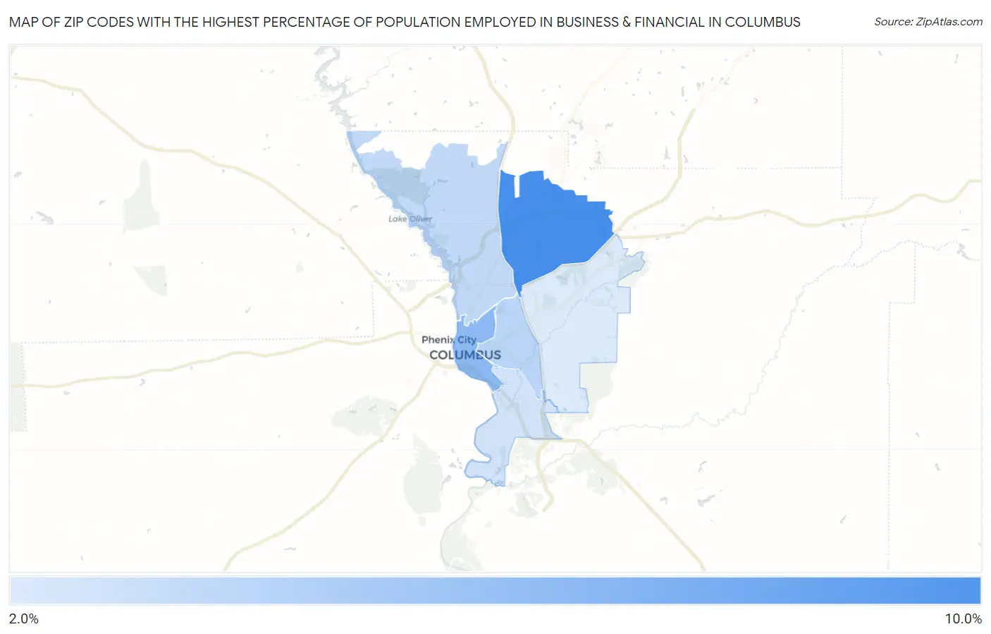 Zip Codes with the Highest Percentage of Population Employed in Business & Financial in Columbus Map