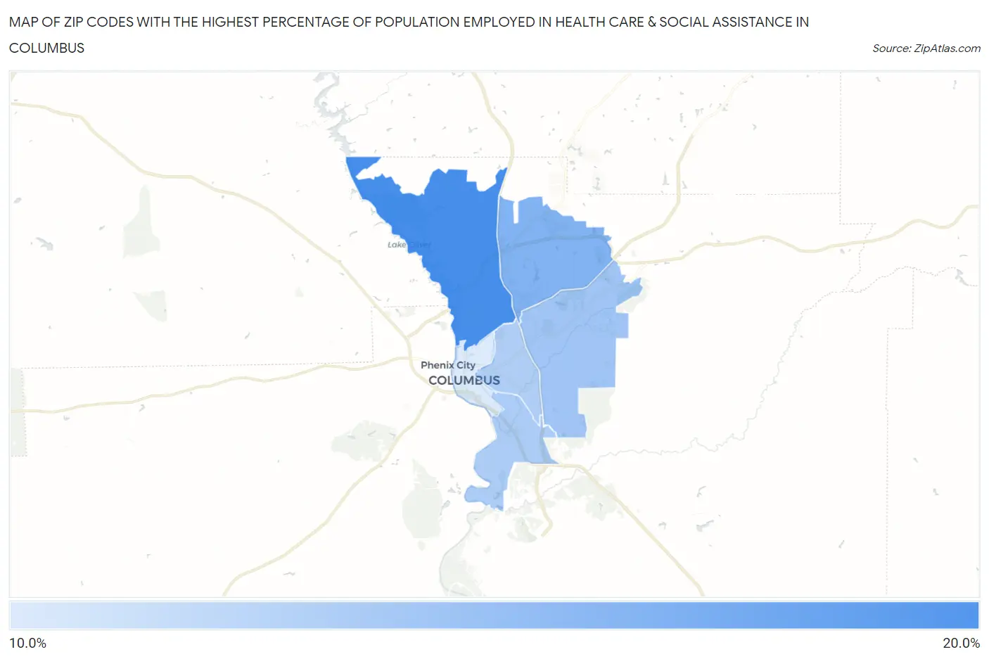 Zip Codes with the Highest Percentage of Population Employed in Health Care & Social Assistance in Columbus Map
