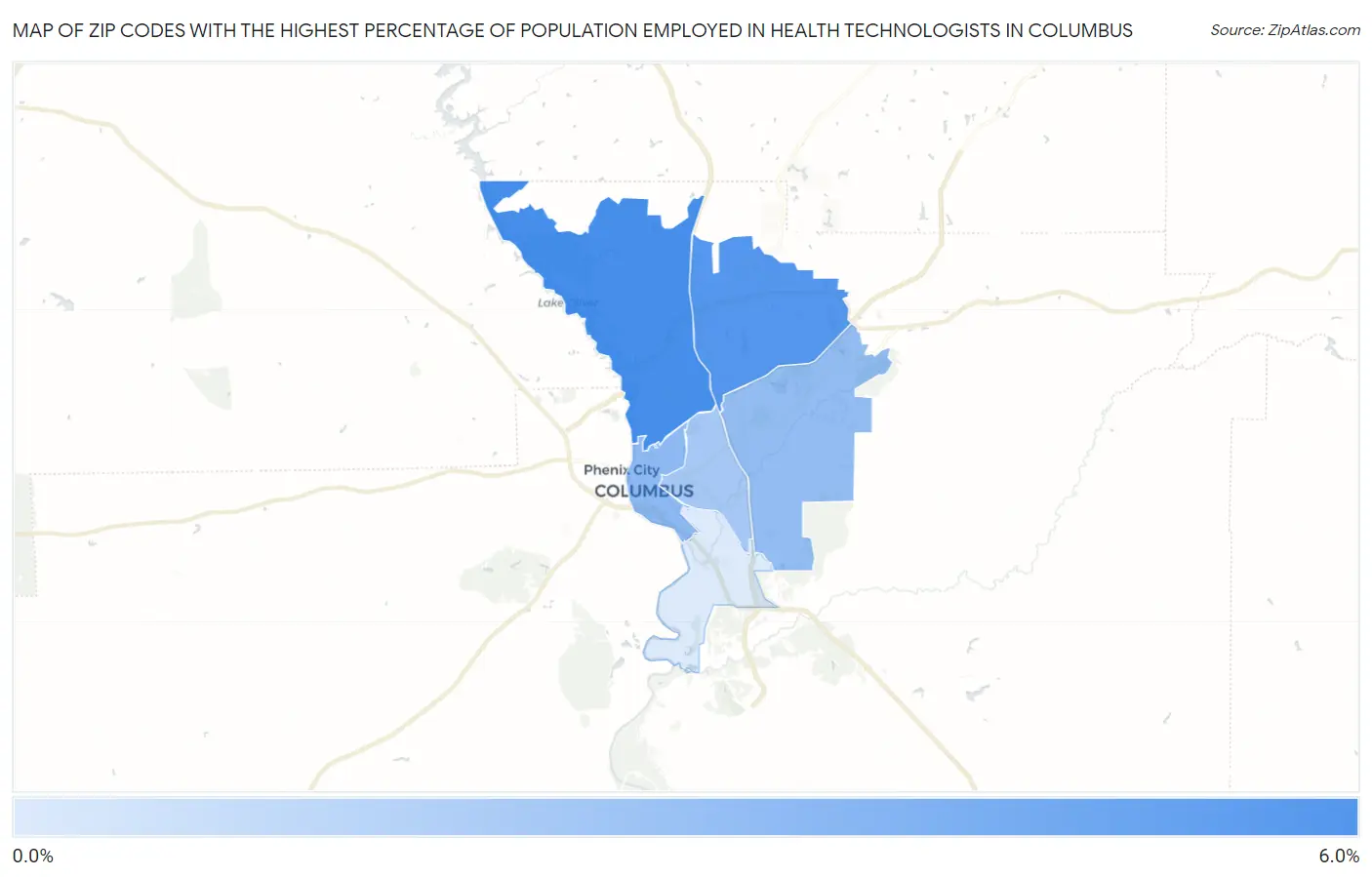 Zip Codes with the Highest Percentage of Population Employed in Health Technologists in Columbus Map