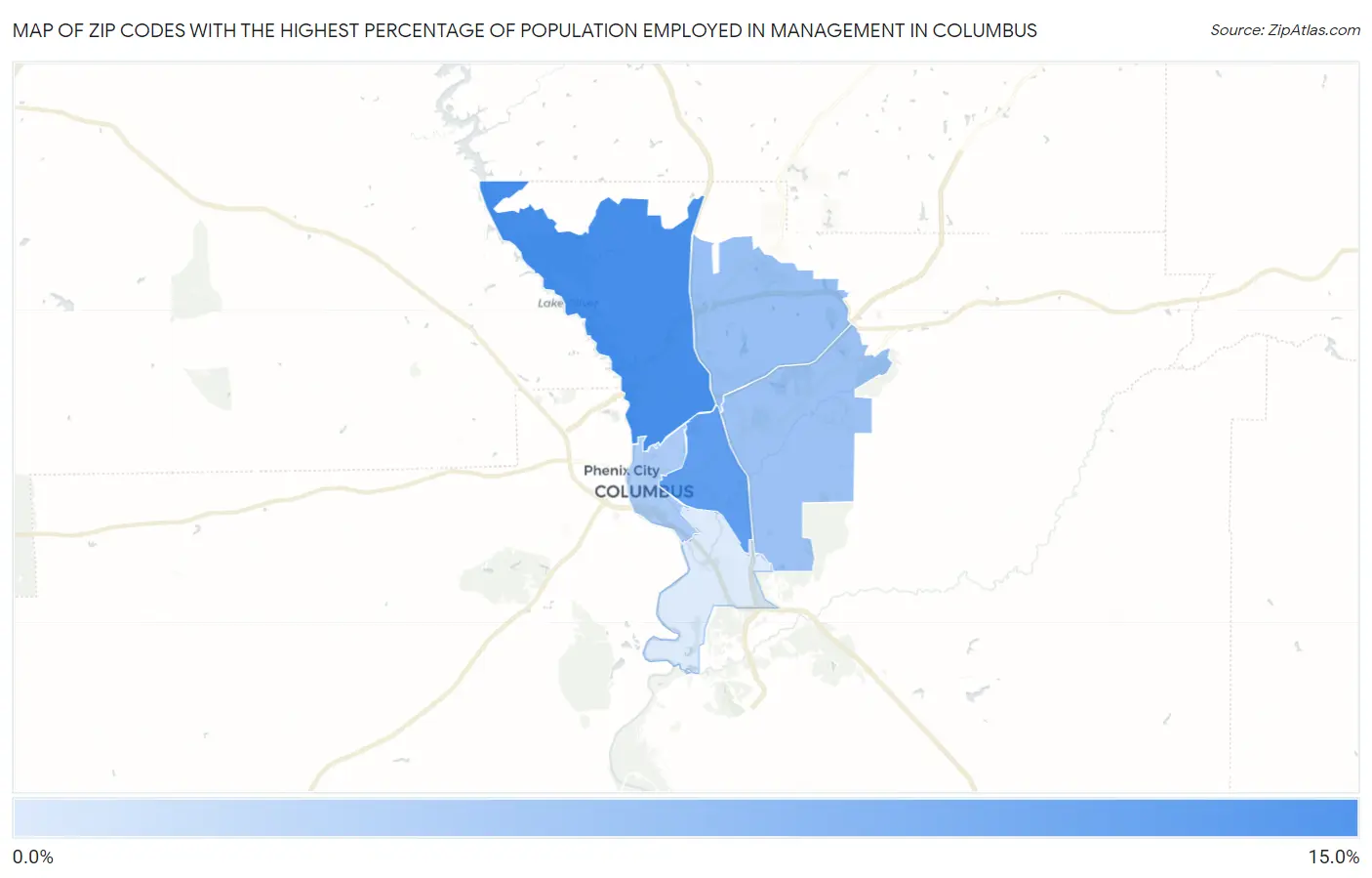 Zip Codes with the Highest Percentage of Population Employed in Management in Columbus Map