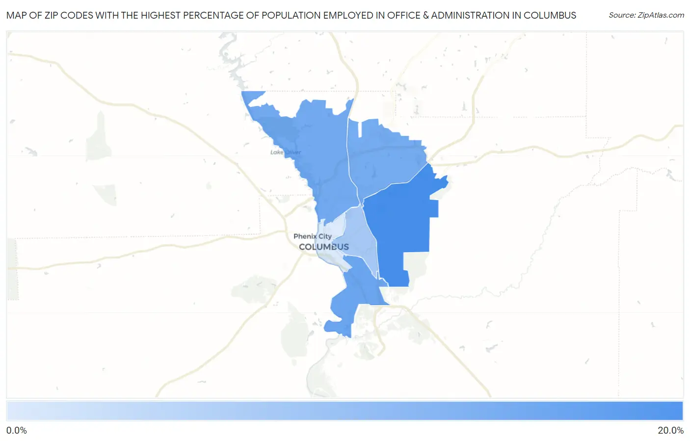 Zip Codes with the Highest Percentage of Population Employed in Office & Administration in Columbus Map