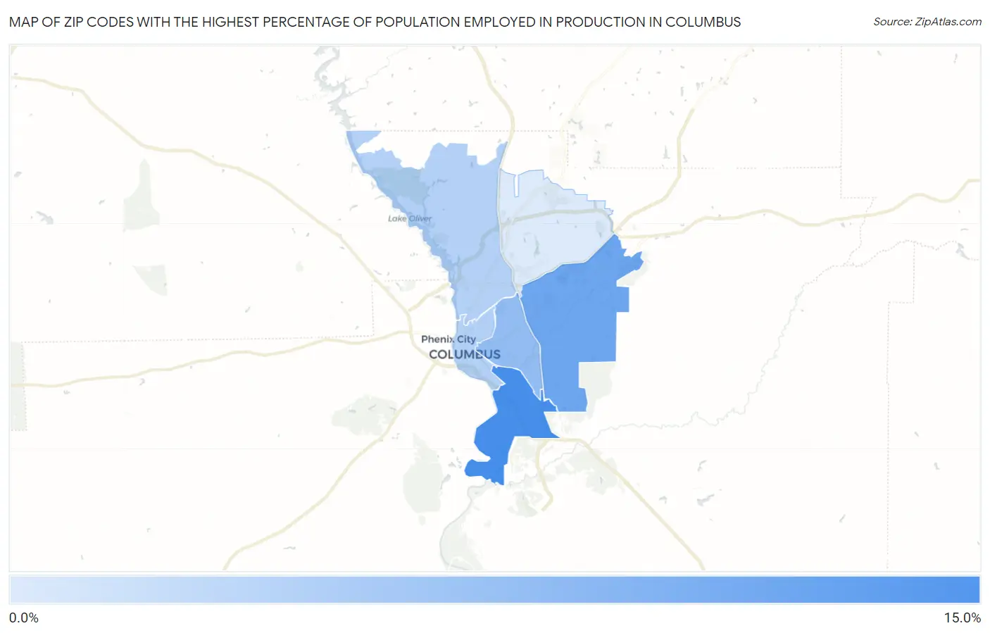 Zip Codes with the Highest Percentage of Population Employed in Production in Columbus Map