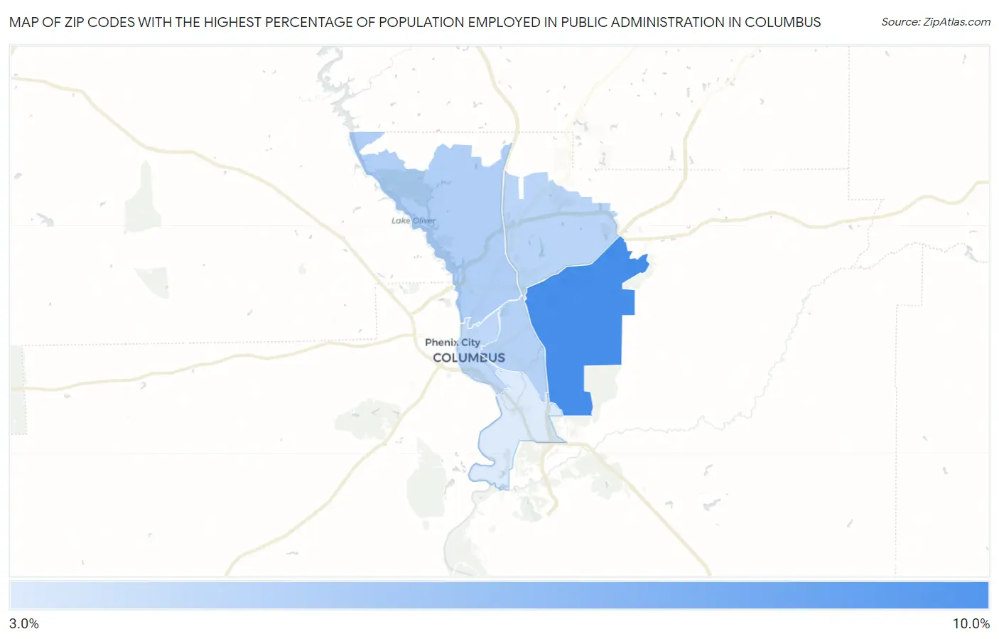 Zip Codes with the Highest Percentage of Population Employed in Public Administration in Columbus Map