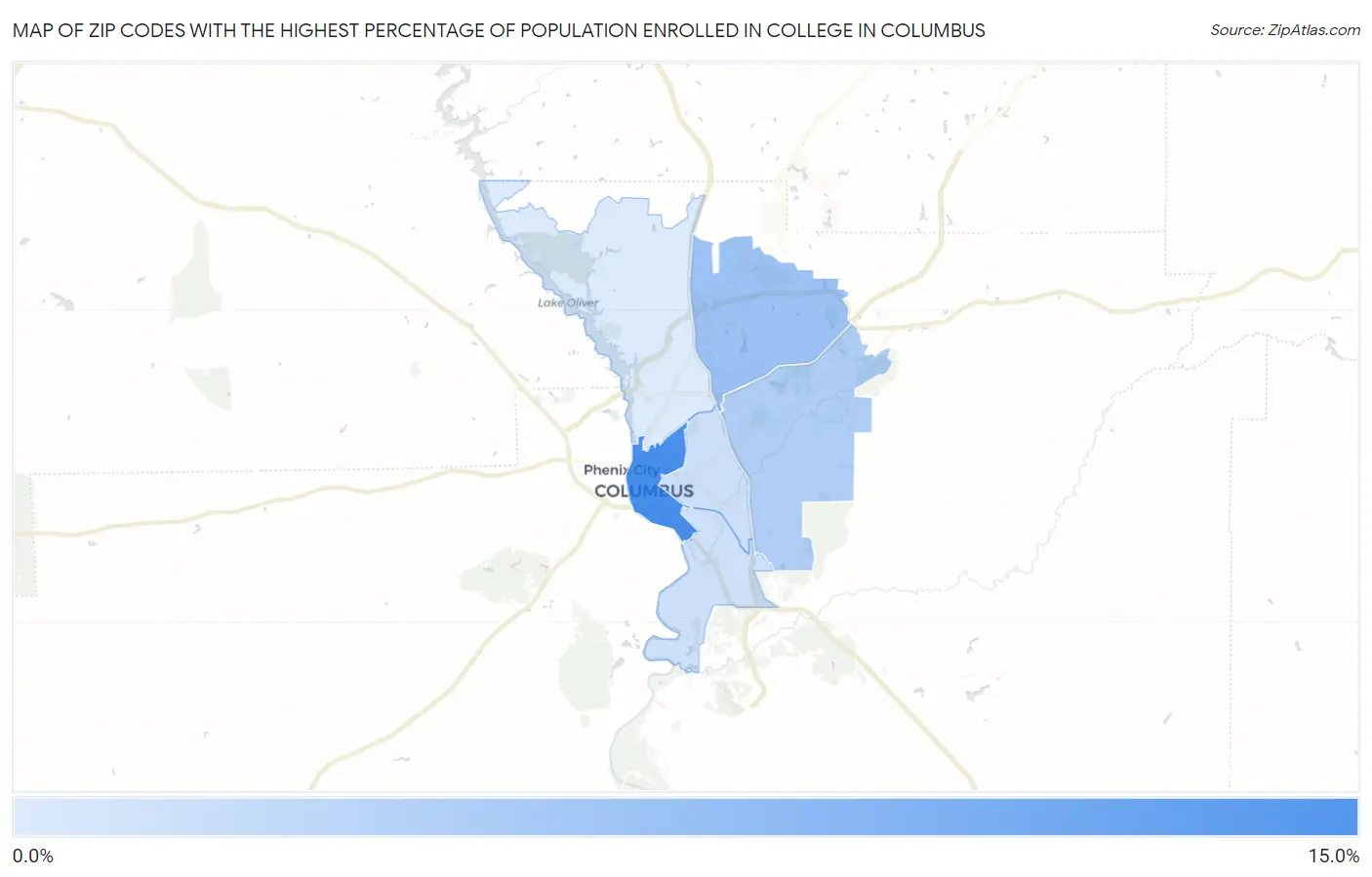 Zip Codes with the Highest Percentage of Population Enrolled in College in Columbus Map