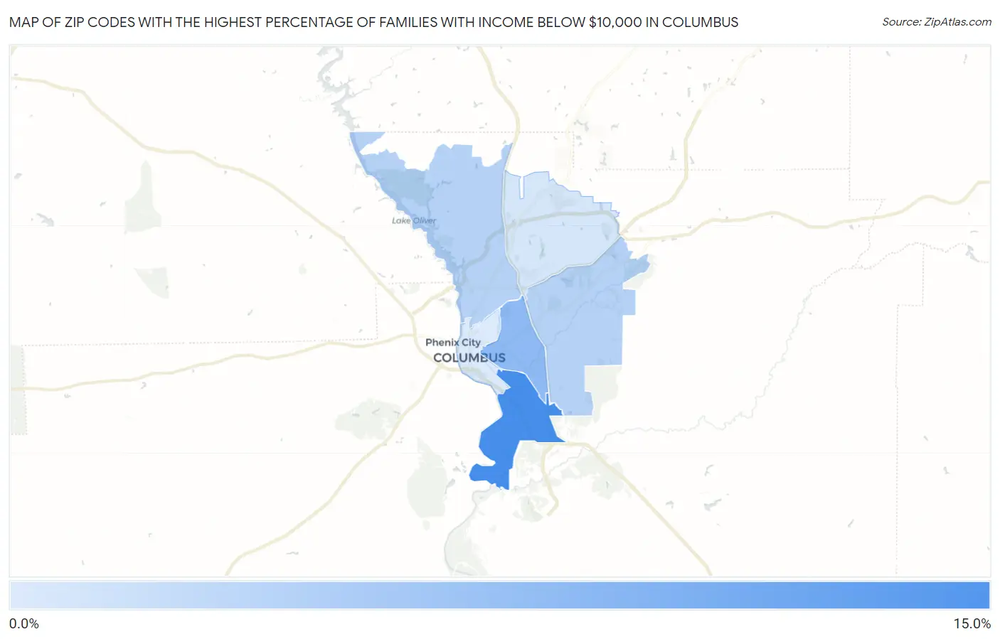 Zip Codes with the Highest Percentage of Families with Income Below $10,000 in Columbus Map