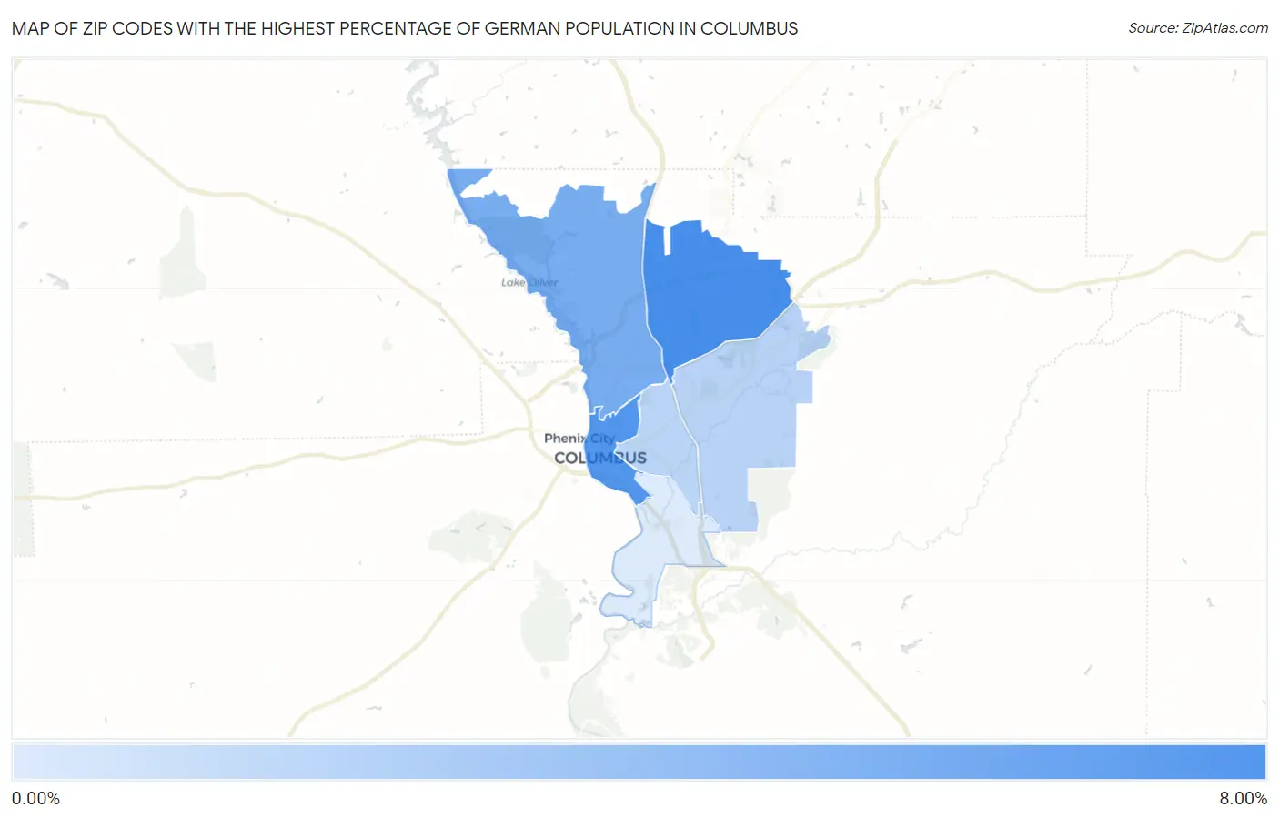 Zip Codes with the Highest Percentage of German Population in Columbus Map