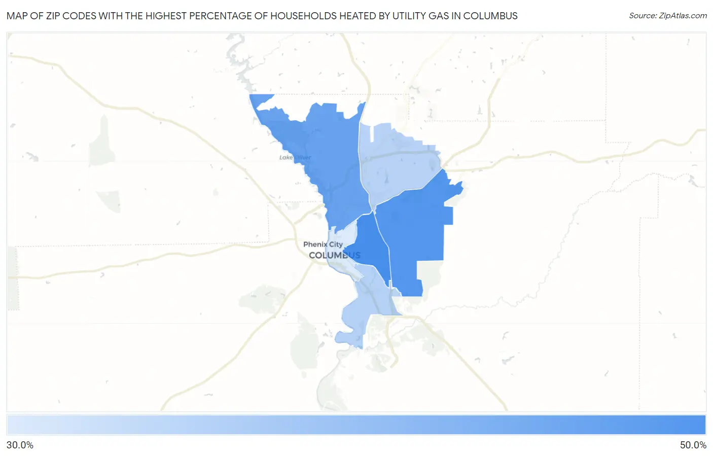 Zip Codes with the Highest Percentage of Households Heated by Utility Gas in Columbus Map