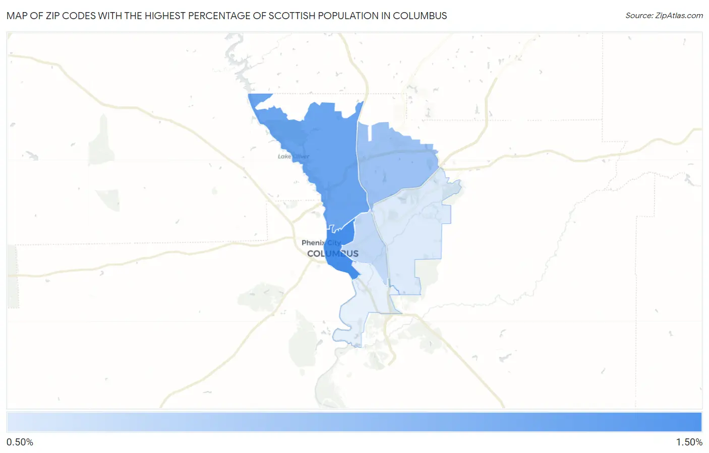 Zip Codes with the Highest Percentage of Scottish Population in Columbus Map