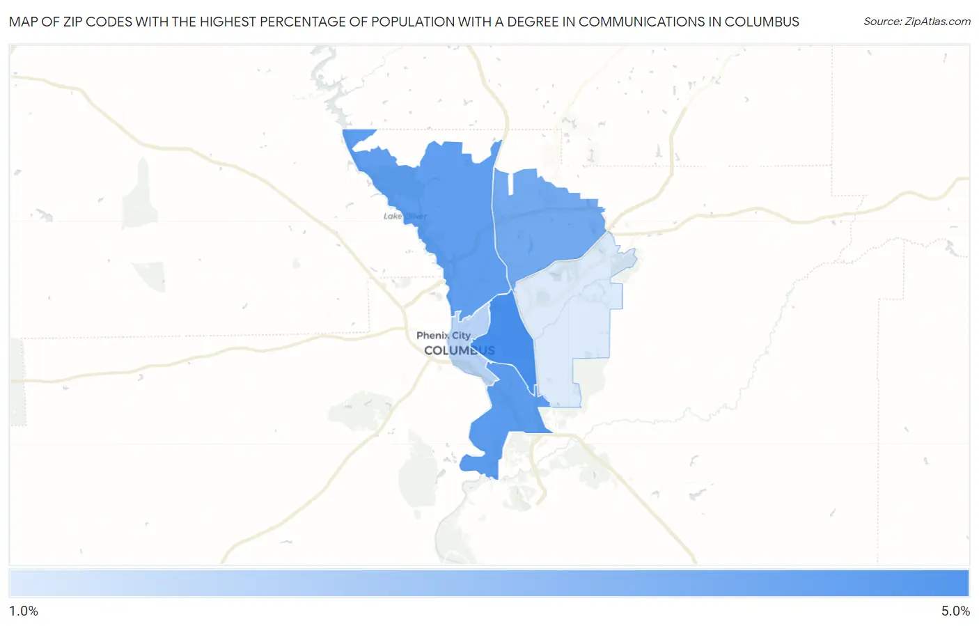 Zip Codes with the Highest Percentage of Population with a Degree in Communications in Columbus Map