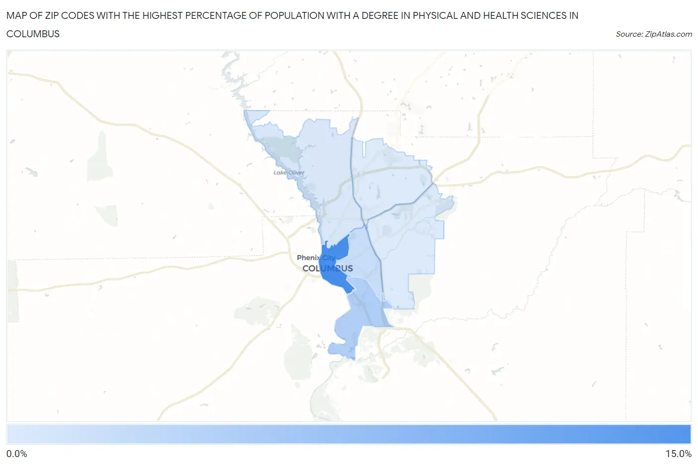Zip Codes with the Highest Percentage of Population with a Degree in Physical and Health Sciences in Columbus Map