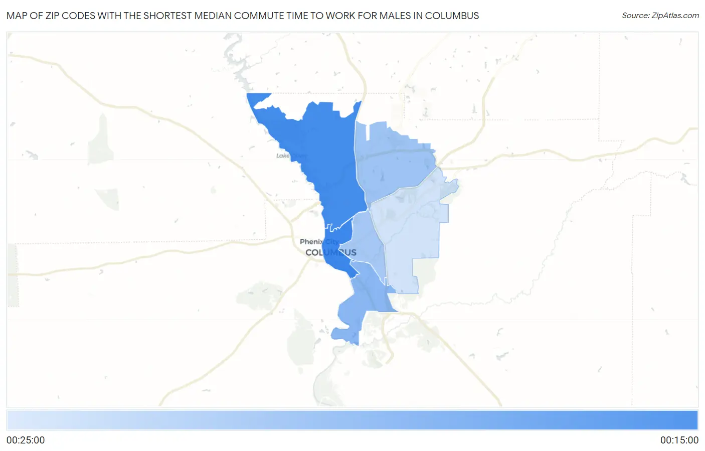 Zip Codes with the Shortest Median Commute Time to Work for Males in Columbus Map