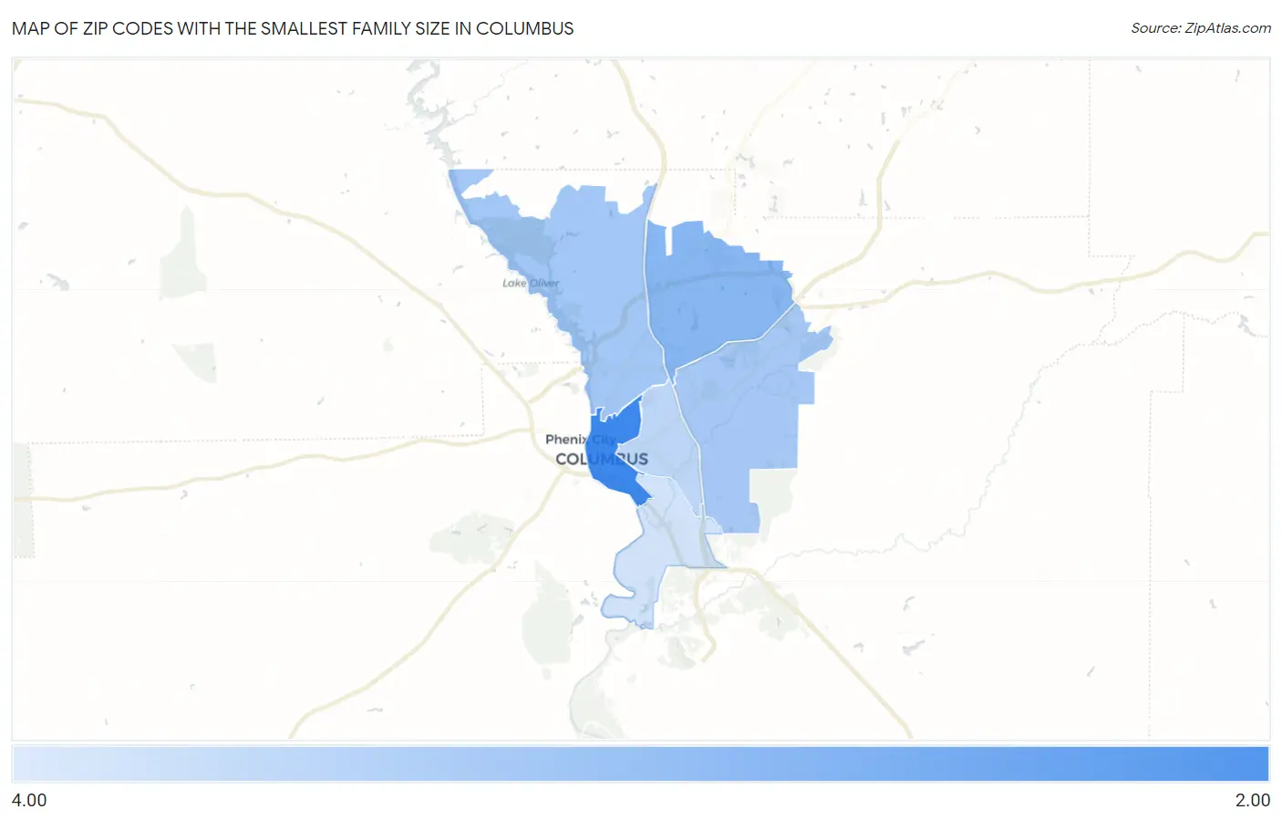 Zip Codes with the Smallest Family Size in Columbus Map