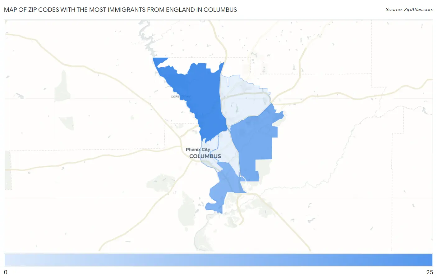 Zip Codes with the Most Immigrants from England in Columbus Map
