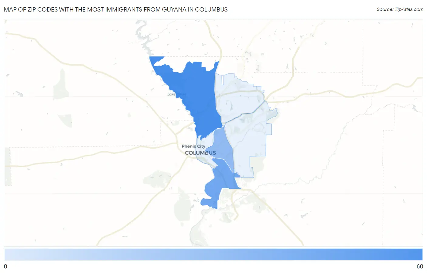 Zip Codes with the Most Immigrants from Guyana in Columbus Map