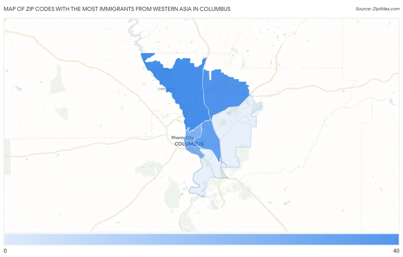 Zip Codes with the Most Immigrants from Western Asia in Columbus Map