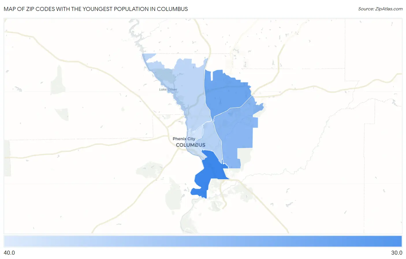 Zip Codes with the Youngest Population in Columbus Map
