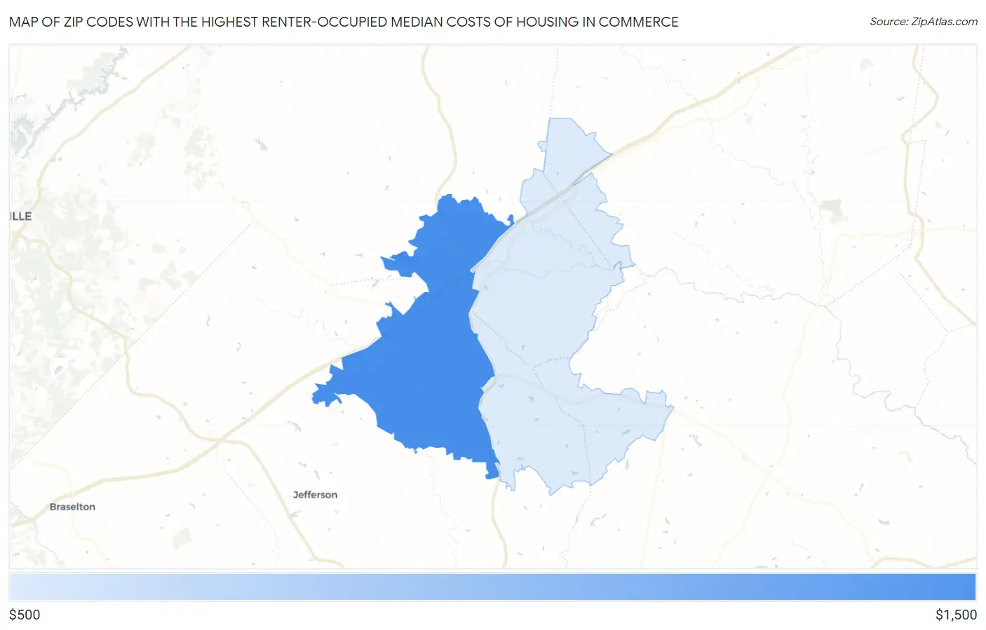Zip Codes with the Highest Renter-Occupied Median Costs of Housing in Commerce Map
