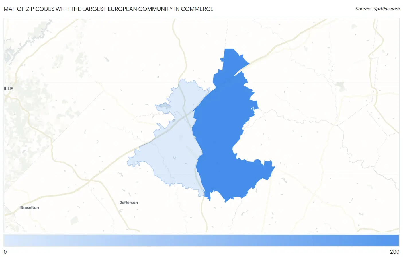 Zip Codes with the Largest European Community in Commerce Map