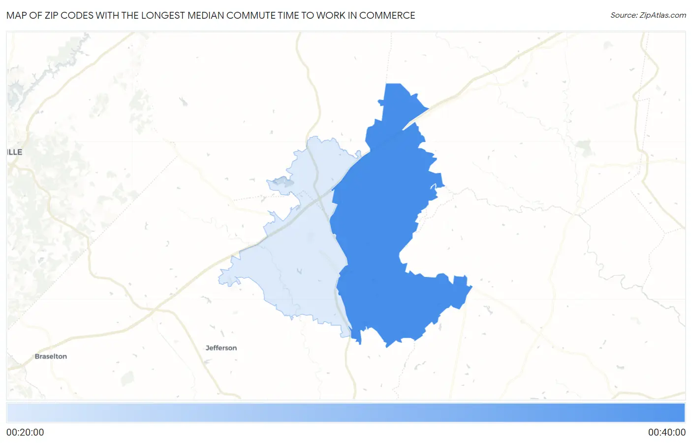 Zip Codes with the Longest Median Commute Time to Work in Commerce Map