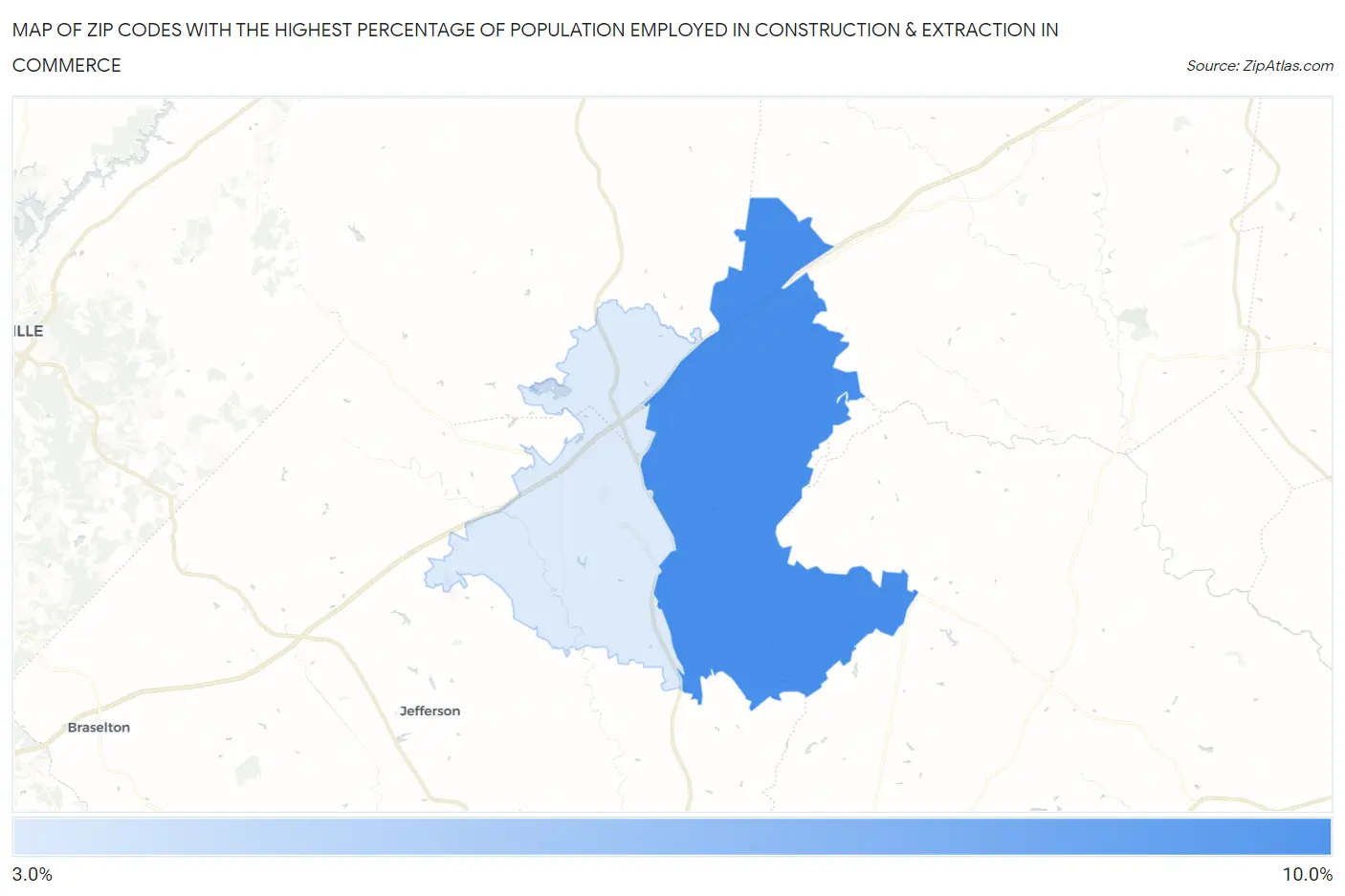 Zip Codes with the Highest Percentage of Population Employed in Construction & Extraction in Commerce Map