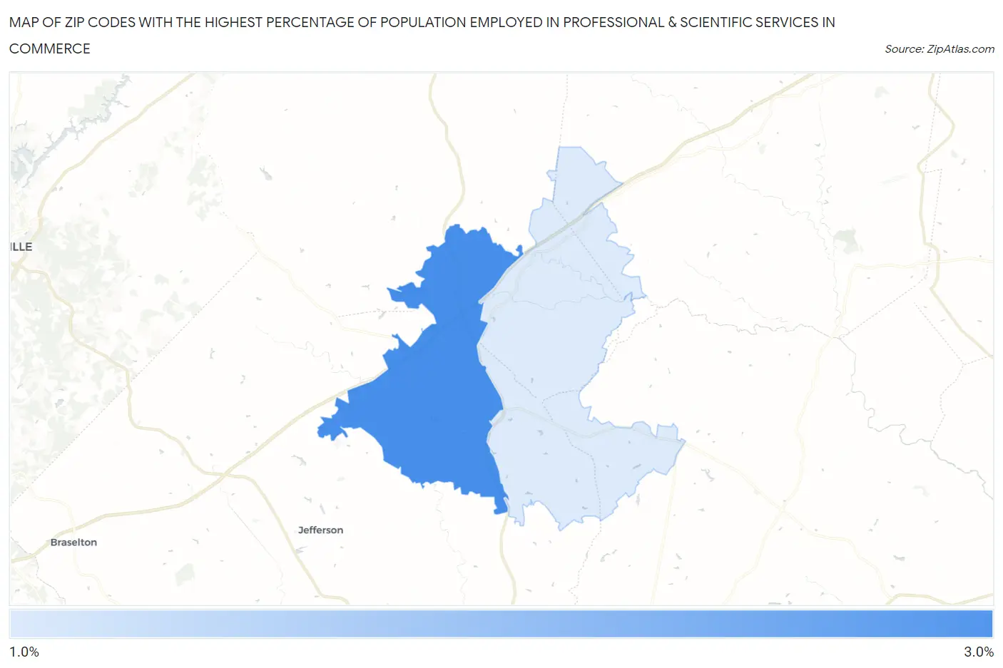 Zip Codes with the Highest Percentage of Population Employed in Professional & Scientific Services in Commerce Map