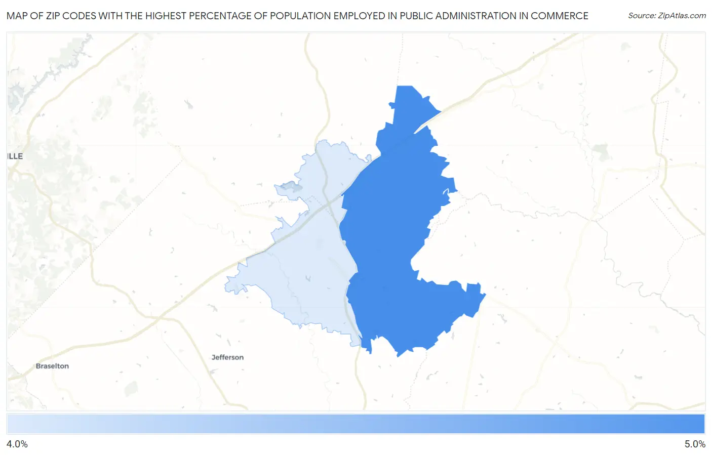 Zip Codes with the Highest Percentage of Population Employed in Public Administration in Commerce Map
