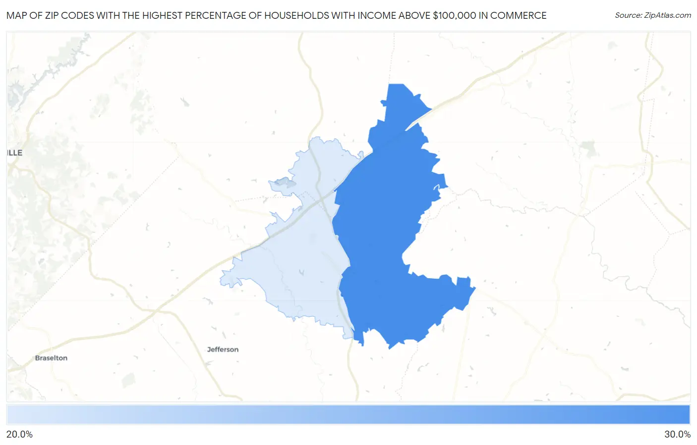Zip Codes with the Highest Percentage of Households with Income Above $100,000 in Commerce Map
