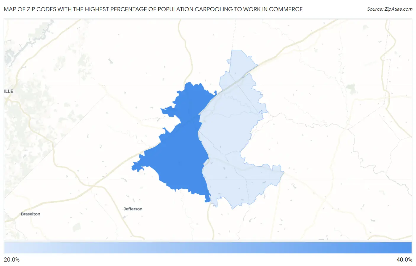 Zip Codes with the Highest Percentage of Population Carpooling to Work in Commerce Map