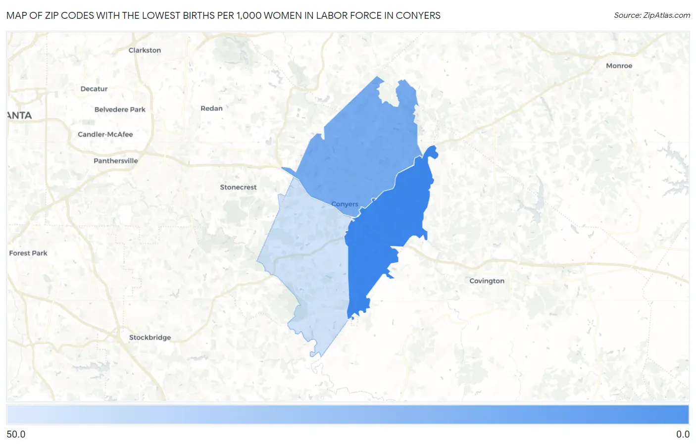 Zip Codes with the Lowest Births per 1,000 Women in Labor Force in Conyers Map