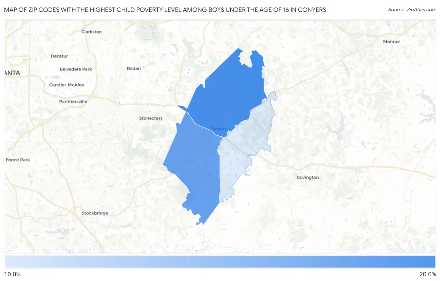 Zip Codes with the Highest Child Poverty Level Among Boys Under the Age of 16 in Conyers Map