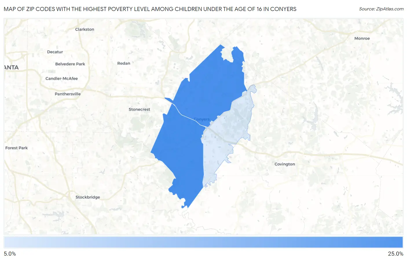 Zip Codes with the Highest Poverty Level Among Children Under the Age of 16 in Conyers Map