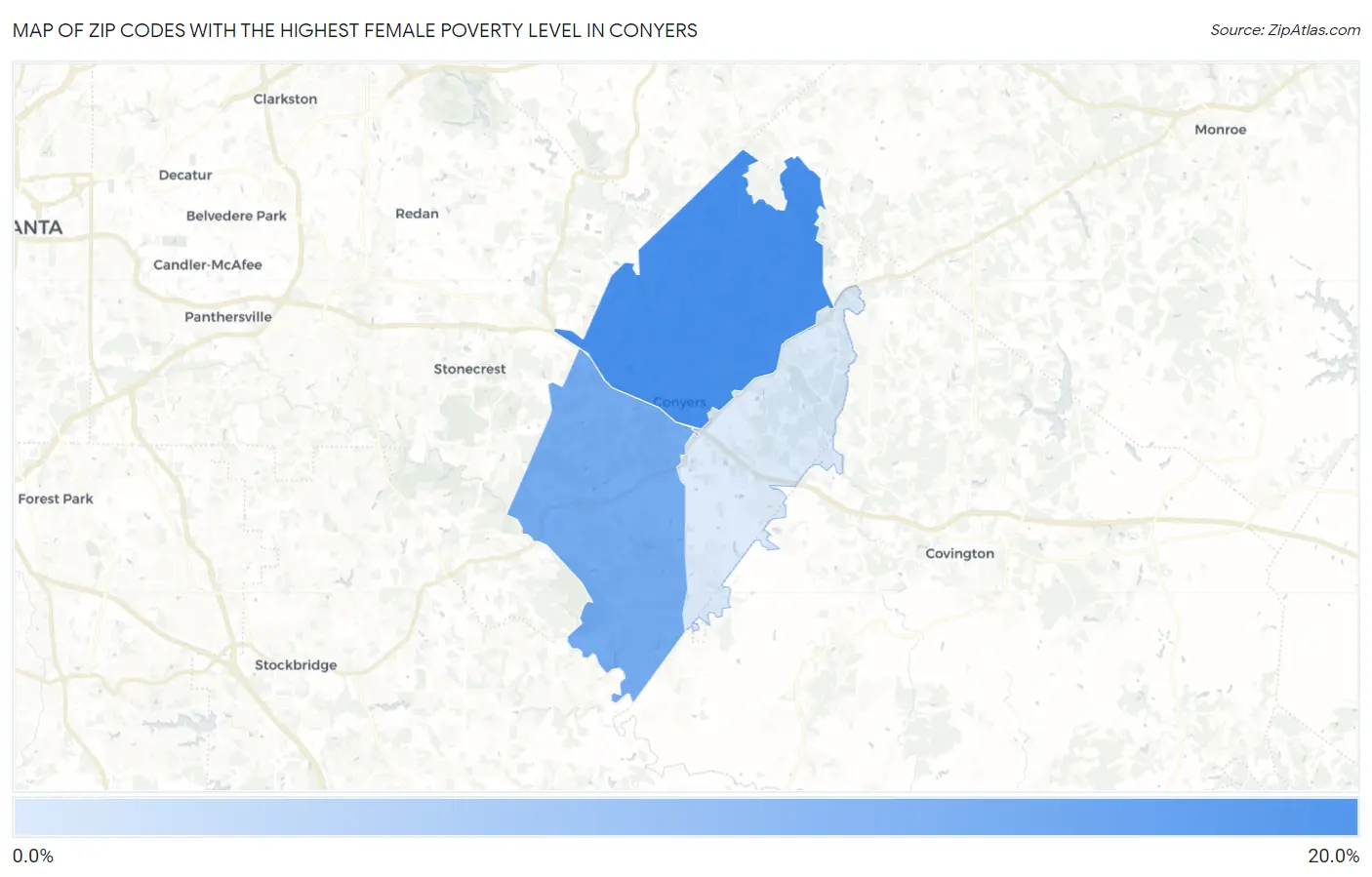 Zip Codes with the Highest Female Poverty Level in Conyers Map