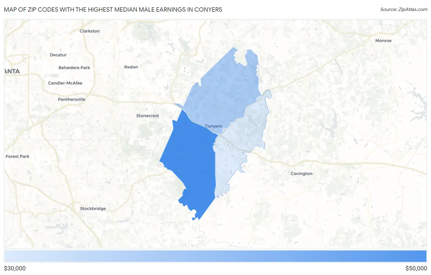 Zip Codes with the Highest Median Male Earnings in Conyers Map