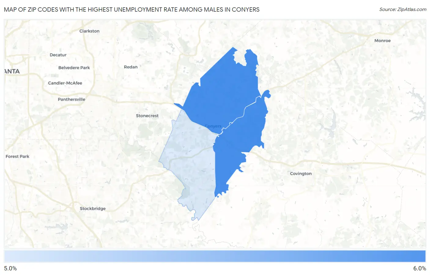 Zip Codes with the Highest Unemployment Rate Among Males in Conyers Map