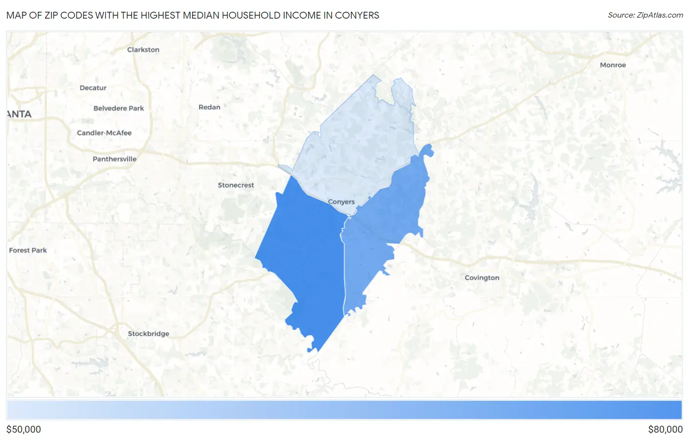 Zip Codes with the Highest Median Household Income in Conyers Map