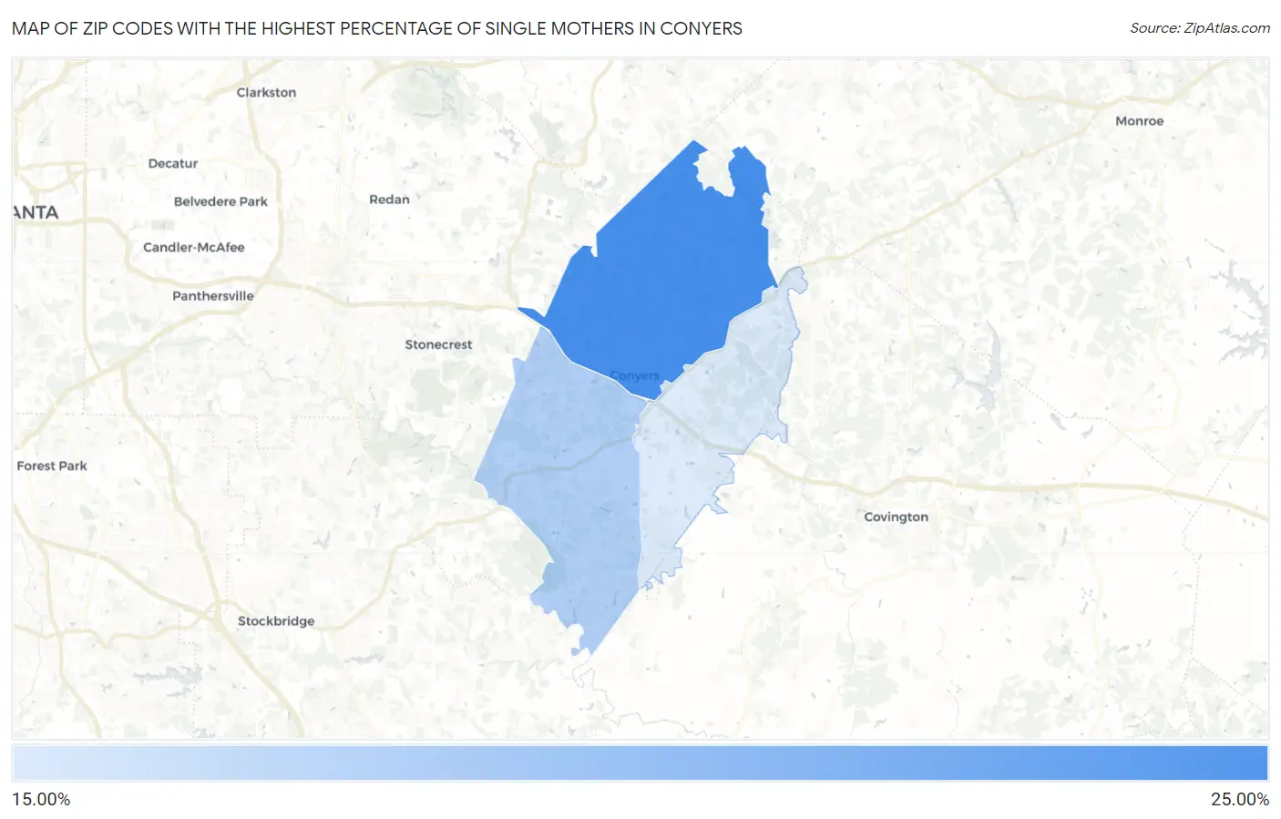 Zip Codes with the Highest Percentage of Single Mothers in Conyers Map
