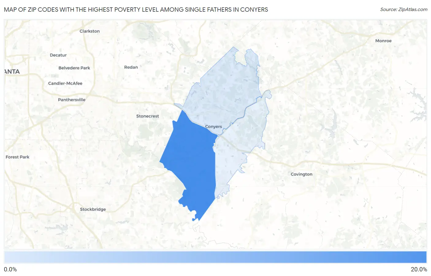 Zip Codes with the Highest Poverty Level Among Single Fathers in Conyers Map