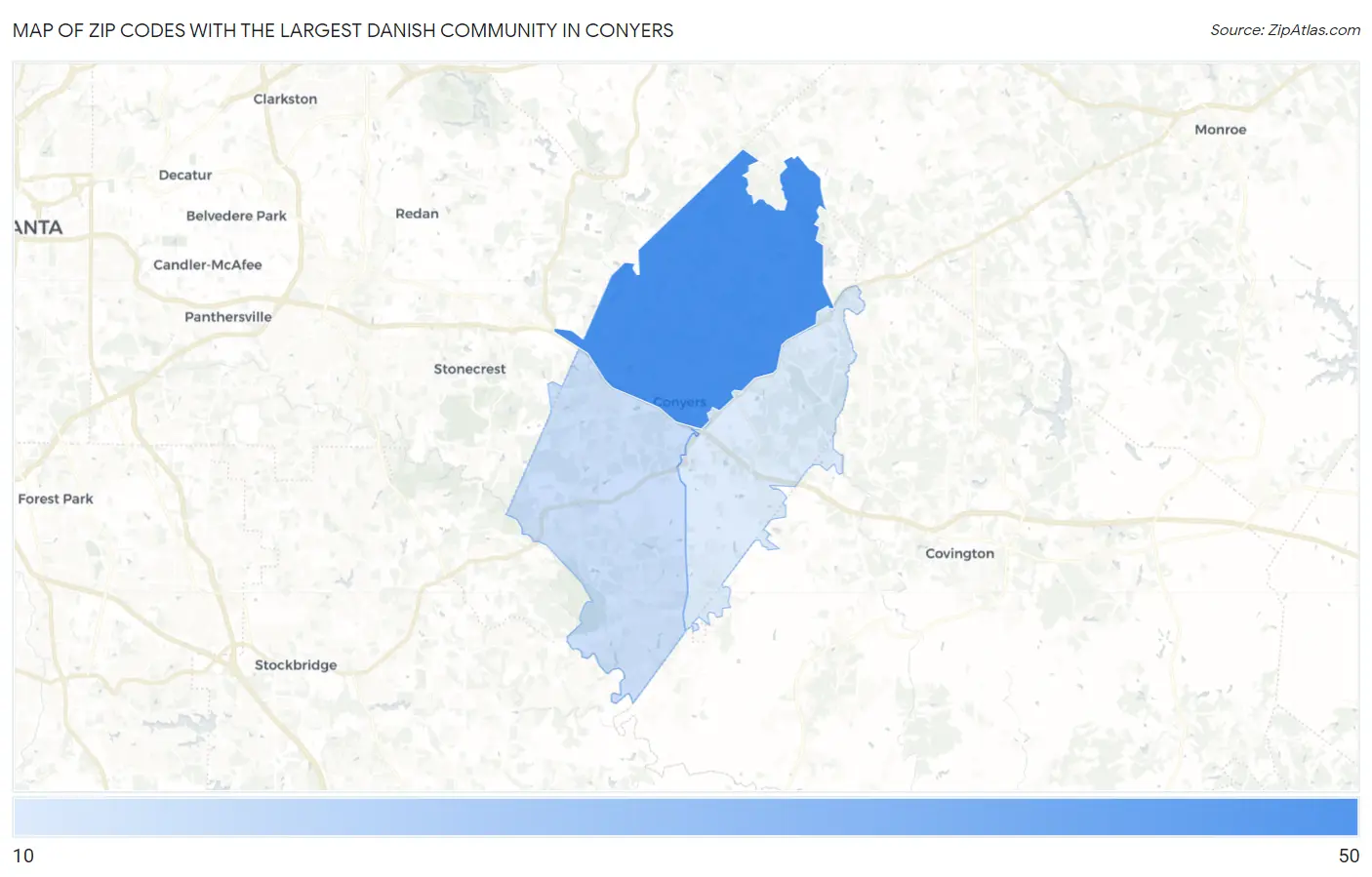Zip Codes with the Largest Danish Community in Conyers Map