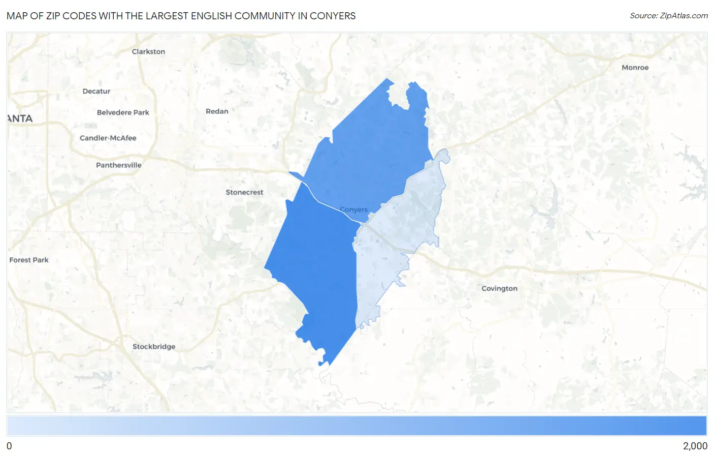 Zip Codes with the Largest English Community in Conyers Map