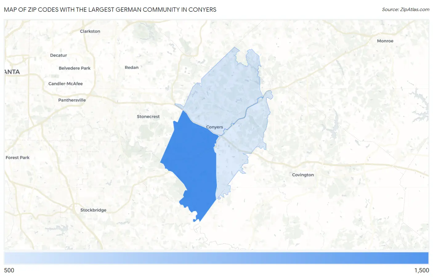 Zip Codes with the Largest German Community in Conyers Map
