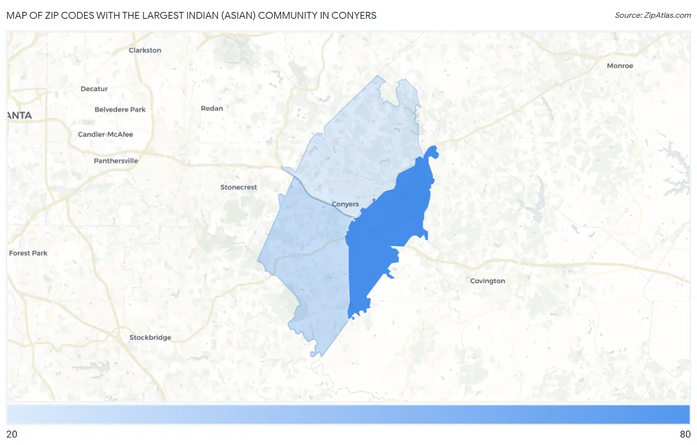 Zip Codes with the Largest Indian (Asian) Community in Conyers Map