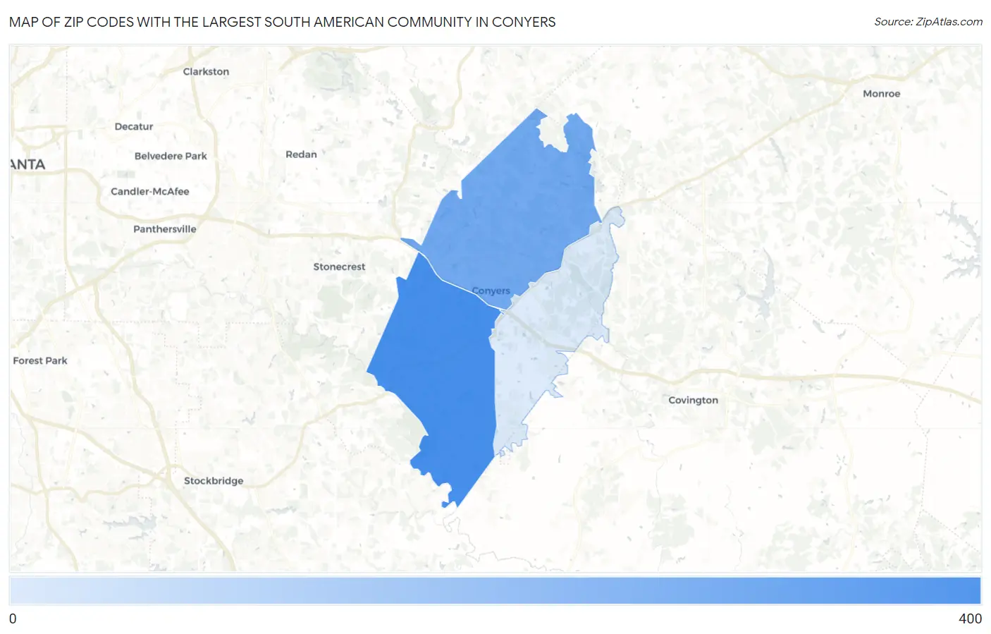 Zip Codes with the Largest South American Community in Conyers Map