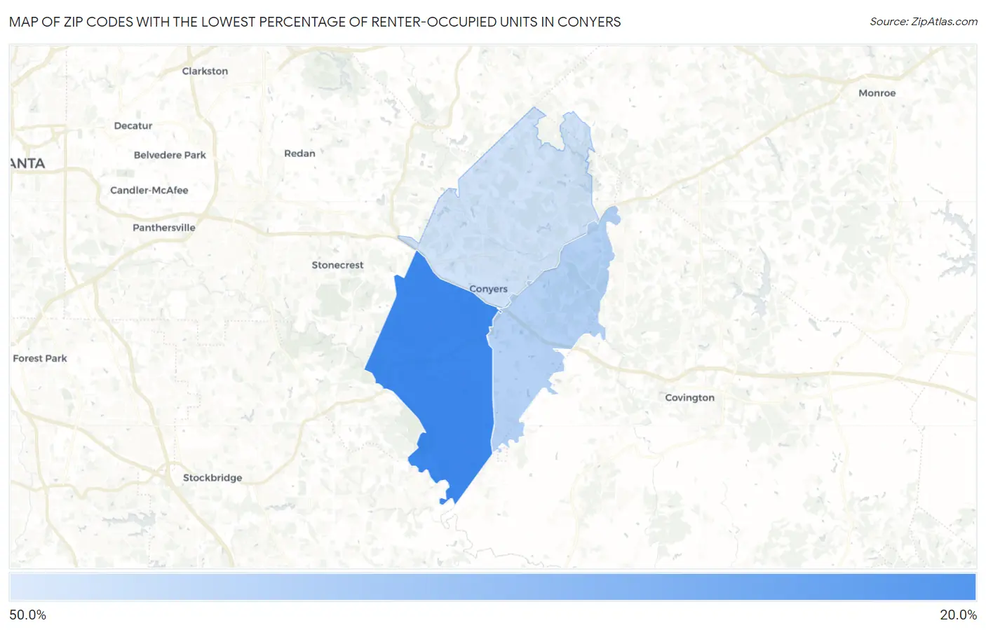 Zip Codes with the Lowest Percentage of Renter-Occupied Units in Conyers Map