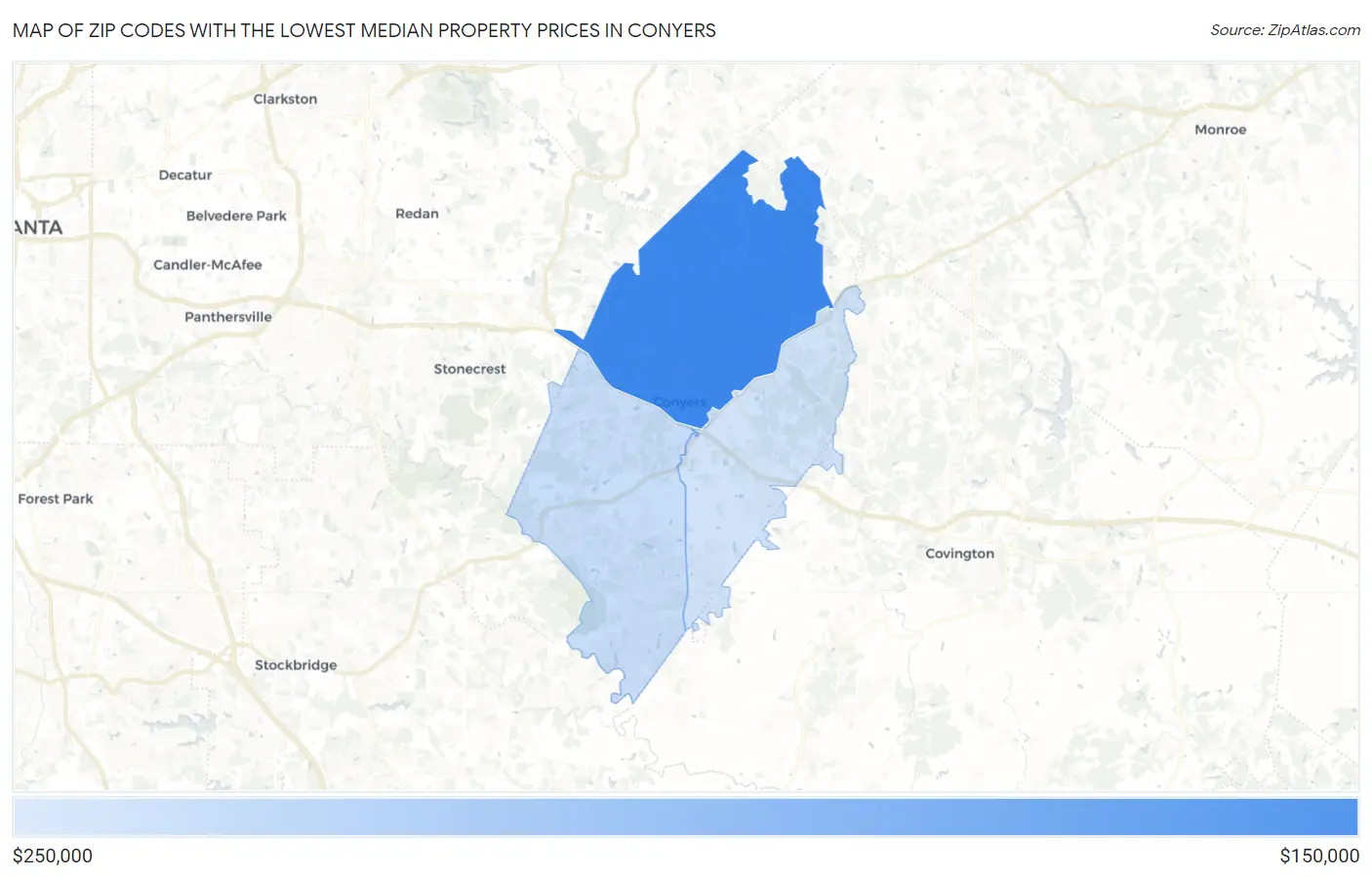 Zip Codes with the Lowest Median Property Prices in Conyers Map