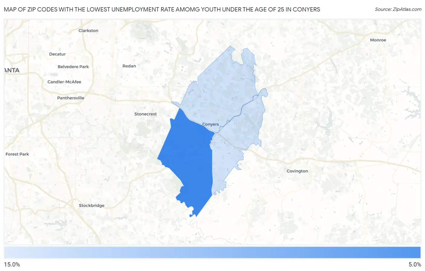 Zip Codes with the Lowest Unemployment Rate Amomg Youth Under the Age of 25 in Conyers Map