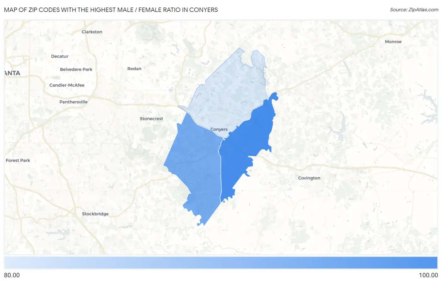 Zip Codes with the Highest Male / Female Ratio in Conyers Map